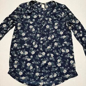H&M Women's Top, Flower Pattern, V Neck Button Up, 1/3 Sleeve, Small #606